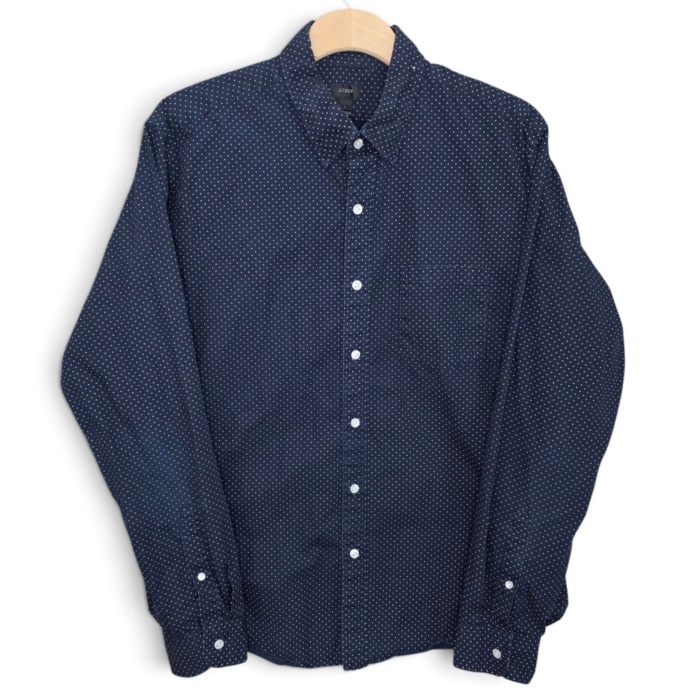 J Crew Shirt Mens Large Navy Blue Polka Dot Long Sleeve Button Down Collar Pocke